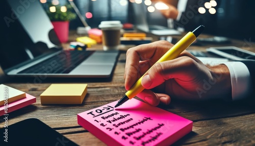 A hand writing a to-do list on a sticky note, with a busy office desk background.