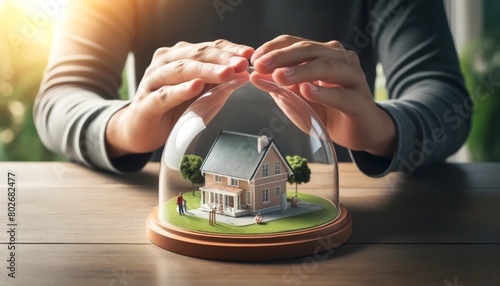 A close-up of hands placing a protective dome over a model house, conveying the importance of home insurance or security.