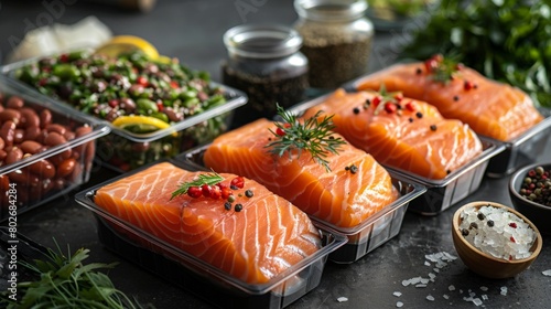 A captivating real-photo shot presenting salmon products infused with global flavors, prepared for export markets