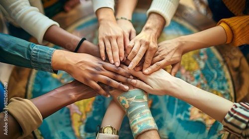 hands together with different colorful skin and grasping the earth, international friendship day.