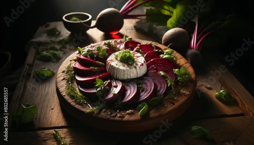 A rustic farm-to-table style dish featuring roasted beets and goat cheese, beautifully arranged on a round wooden platter.