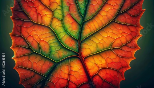 A macro shot of an autumn leaf showing a detailed network of veins in a rich, vibrant palette of oranges, yellows, and reds.