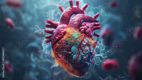 3D rendering image illustrating common risk factors associated with heart disease, including high blood pressure, high cholesterol, smoking, and obesity