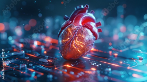 A visually stunning 3D rendering image showing diagnostic tests and screenings for assessing heart health, including cholesterol levels, blood pressure, and stress tests