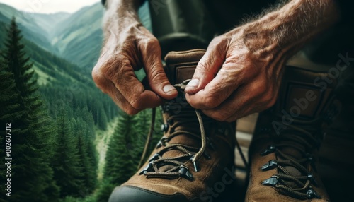A close-up of weathered hands tying the laces of hiking boots, with a blurred forest background suggesting an adventure in nature.
