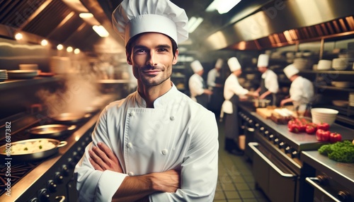 A portrait of a chef in a professional kitchen, wearing a white uniform with a confident, proud look.