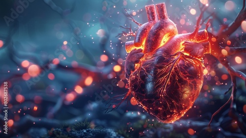 3D rendering image promoting heart health awareness and education, including information on risk factors, prevention strategies, and healthy lifestyle choices