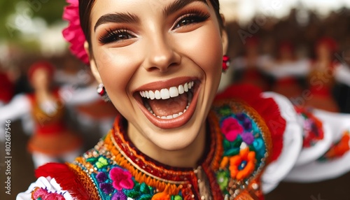 A close-up of a joyous dancer in mid-laugh, the image capturing the expression on her face.