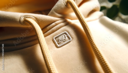 A zoomed-in image of a small embroidered logo on a pastel-colored hoodie, highlighting its stitching, color, and positioning on the fabric.