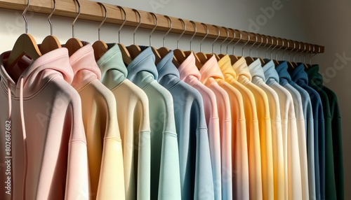 A linear arrangement of hoodies in pastel colors, transitioning smoothly from one color to the next.