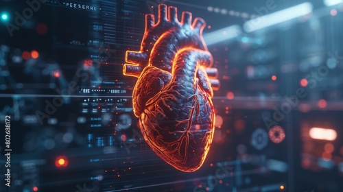 3D rendering image showing various screening tests and diagnostic procedures used to evaluate heart health, including echocardiography, stress tests, and cardiac catheterization