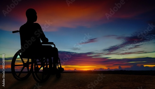 The silhouette of a person in a wheelchair on a hilltop, their head turned towards a sky painted with the colors of the sunset.