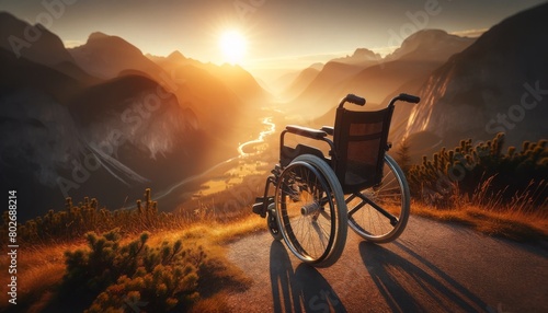 A wheelchair parked on a viewpoint overlooking a valley, with the armrest catching the golden light of the sunset.