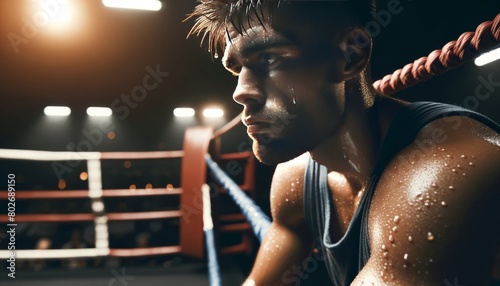 A boxer resting on the ropes of the ring, sweat glistening on their skin, deep in thought after a match.