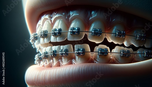 A macro shot of a mouth mid-treatment with braces, showing the gradual alignment of the teeth.