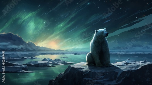 Aurora skies, polar bear gaze, Arctic night