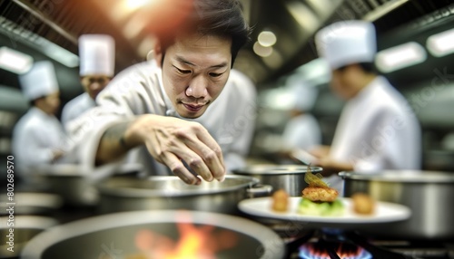 A close-up of a chef in a professional kitchen plating food with a serene expression, surrounded by the intensity of the kitchen's activity.