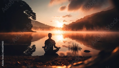 A person is meditating by a calm lake at sunrise.
