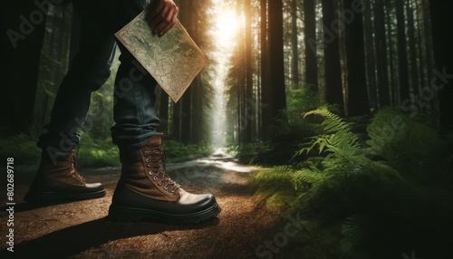 An image of a traveler's booted feet, one foot stepping forward on a dirt road within a dense forest.