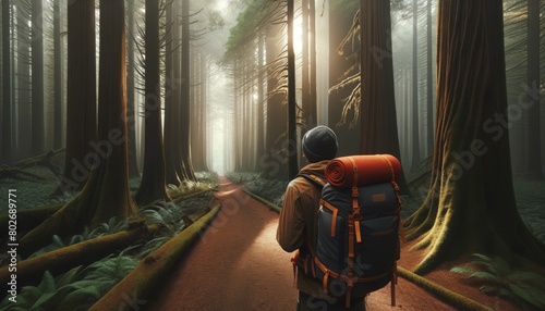 An image of a traveler in a thick forest, viewed from behind as they look over their shoulder with a large orange backpack visible.