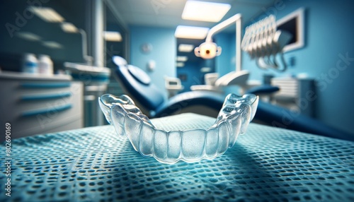 An image highlighting the texture of a clear plastic retainer against the backdrop of a dental clinic.