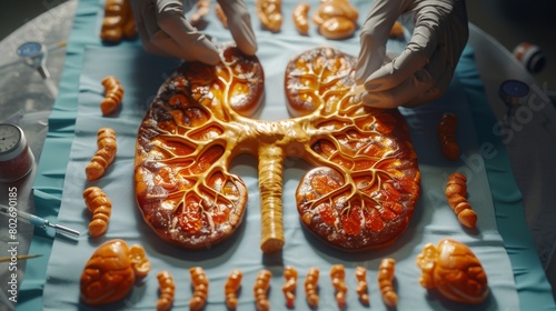 3D rendering image illustrating the process of kidney transplantation, including donor selection, surgical procedure, and postoperative care