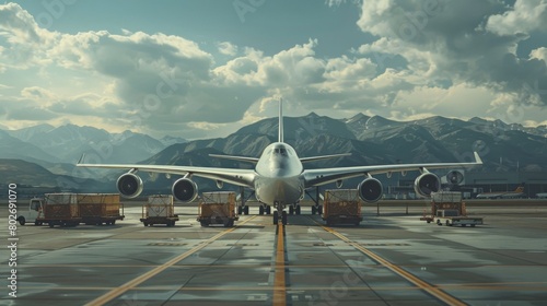 the cargo plane's smooth landing and the subsequent unloading of cargo onto airport tarmac, with ground crew and equipment against the natural scenery of the destination airport