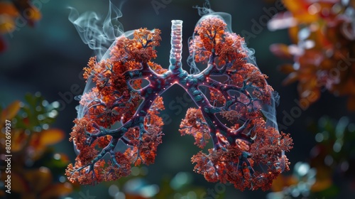 3D rendering image illustrating the anatomy of the lungs, including lobes, bronchial tree, alveoli, and blood vessels