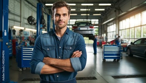 A portrait of a mechanic in a denim shirt, arms crossed, standing proudly in an auto repair shop.