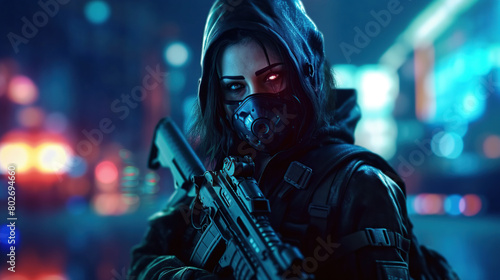 Futuristic woman in hooded leather jacket wears night vision helmet holds assault rifle