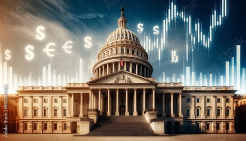 Capitol Building with a forex chart overlaid, symbolizing legislation affecting international trade and currency markets.