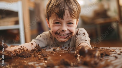 A smiling boy gets messy with chocolate while playing at home