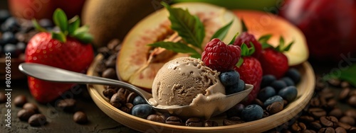 Coffee ice cream with coffee beans and fruits on a white background