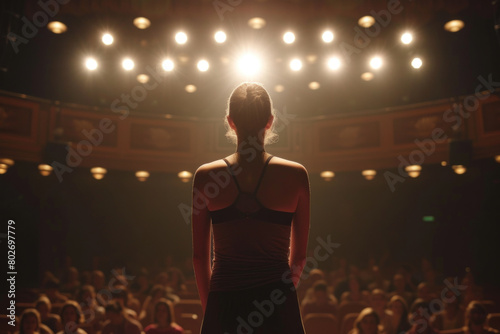 Young actress standing alone on stage facing a crowded theater, absorbing the spotlight with a poised and elegant demeanor.