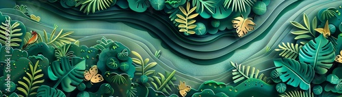 Craft a dynamic die-cut illustration highlighting the topography of a dense jungle, with detailed paths revealing various trekking routes Incorporate unique flora and fauna elements