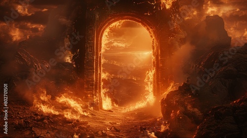 Archery portal door framed by flames, opening into a hellish, dark landscape, where everything is scorched and the atmosphere is dense with fear
