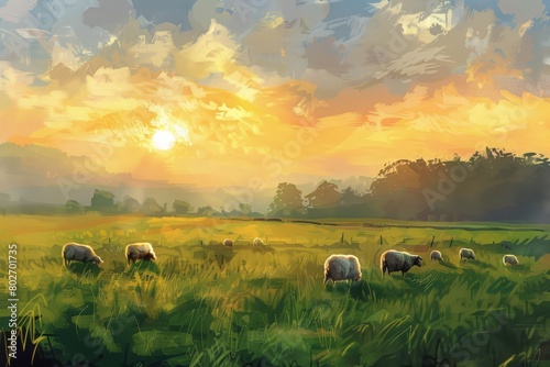 painting sheep pasture sunrise