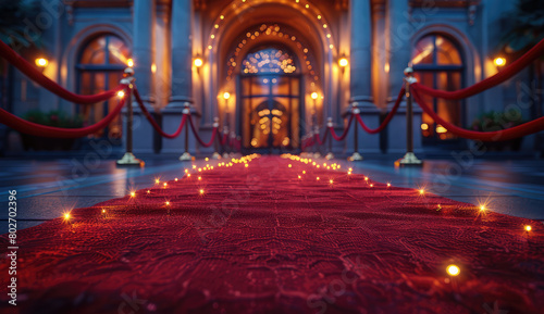 A glamorous red carpet leading to the entrance of an event, adorned with golden stconters and twinkling lights. The scene is bathed in dramatic blue lighting. Created with Ai