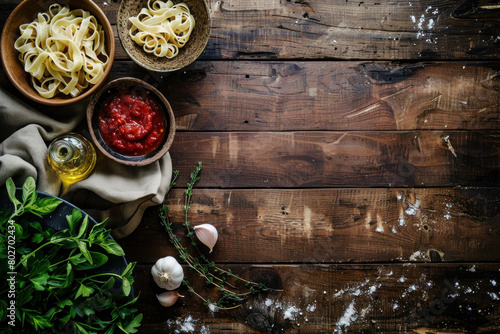 Rustic Italian cooking scene with fresh pasta, basil, garlic, and tomato sauce ingredients on a vintage wooden background.