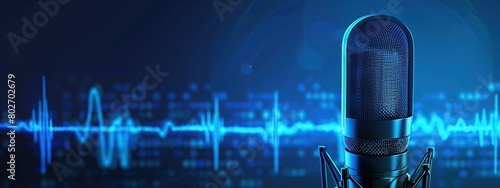 microphone with sound waves, podcasting theme and audio recording on blue digital background. 
