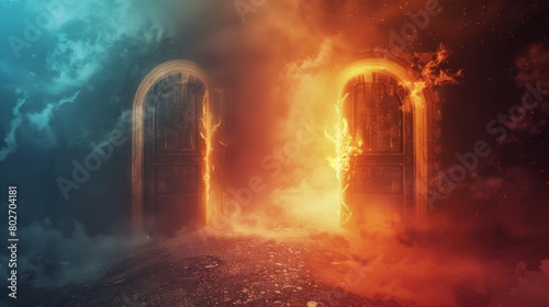 Conceptual scene with heaven and hell doors side by side, hell featuring intense flames and tormented souls, heaven calm and bright in misty surroundings