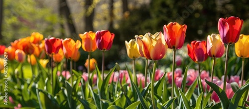 A diversity of tulips in full bloom in a garden during the spring season.