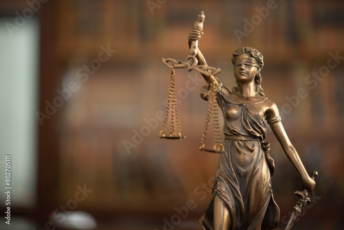 Justice law legal jurisprudence concept. Lady justice with courtroom background.
