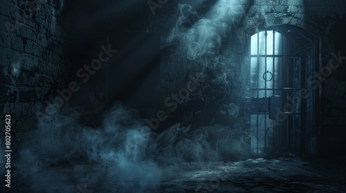 Dark and scary basement setting with a beam of light from an open door, ring gate obscured by smoke and cobwebs, deep shadows lurking