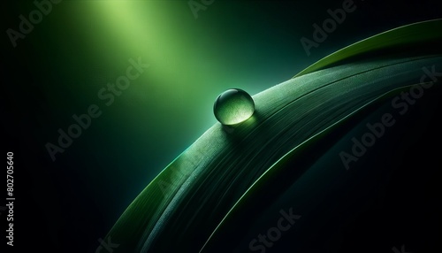 A close-up of a dewdrop on a dark green leaf, with a background gradient going from dark green to a soft, glowing light, capturing the essence of sere.