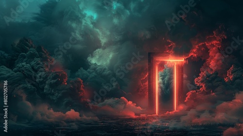 Dramatic depiction of the gates of hell and heaven, with smoke swirling around souls in pain, a red glowing door contrasts a dark, misty night field
