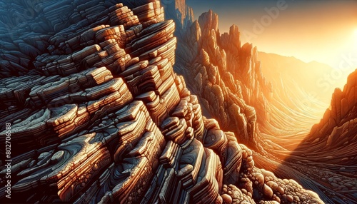 A detailed illustration of the textured rock surface of the formation, capturing the play of warm sunlight and cool shadow.