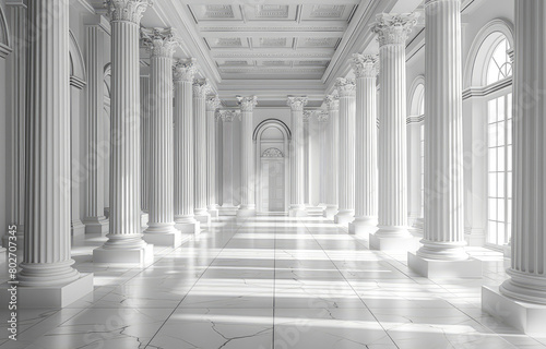  A white hall with columns and arches, photo realistic, high resolution, hyperrealistic. Created with Ai