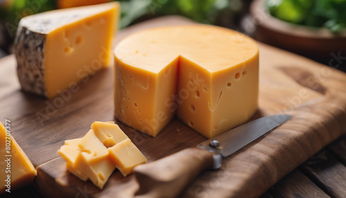 cheddar cheese on a wooden cutting board 