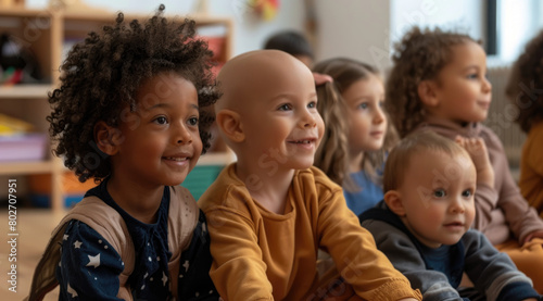 A group of young children sitting on the floor in their nursery class, listening to an animation with smiling faces and excitement.